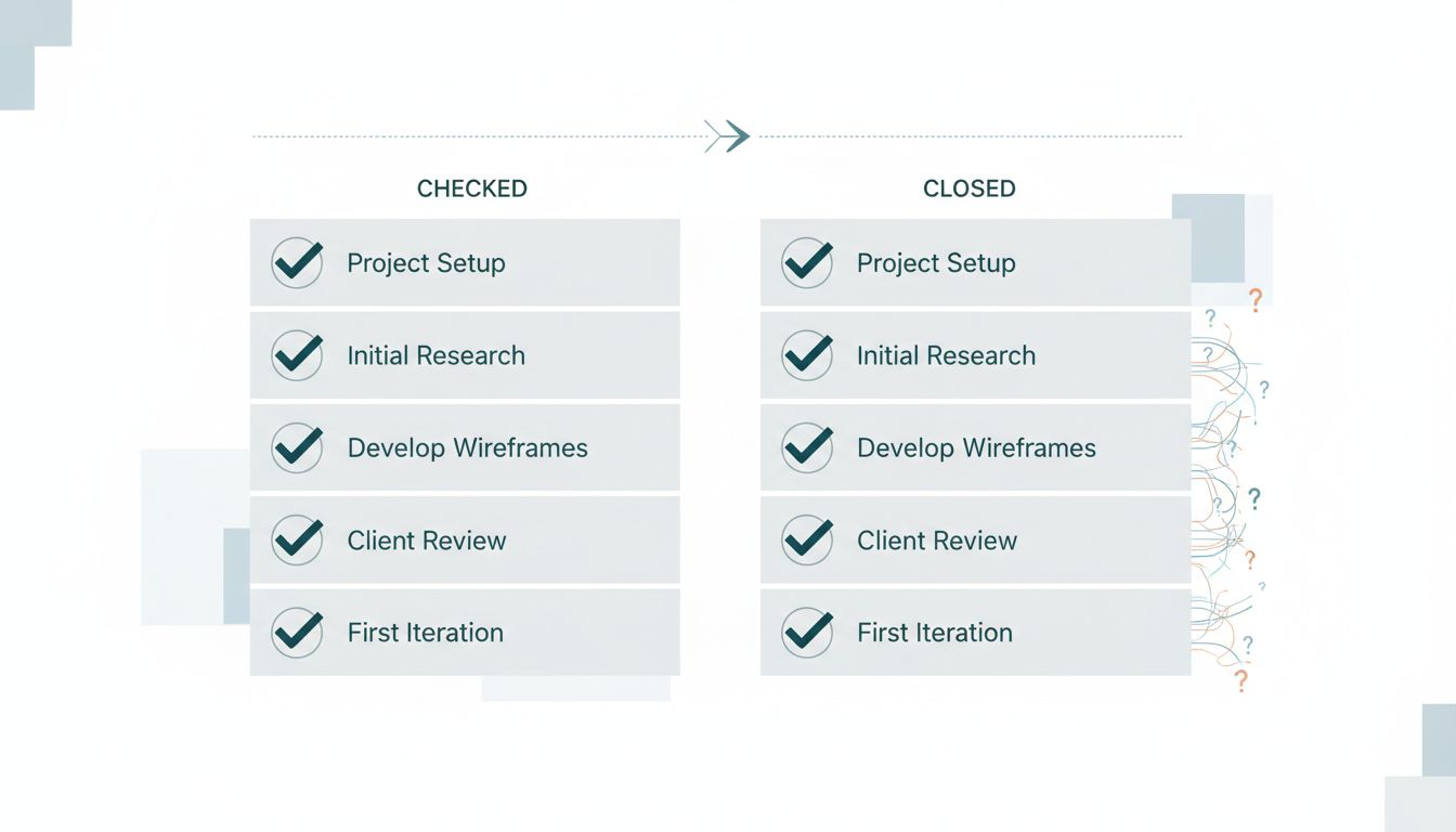 Two task lists compared: one with clean checkmarks, one with checkmarks that still have loose threads