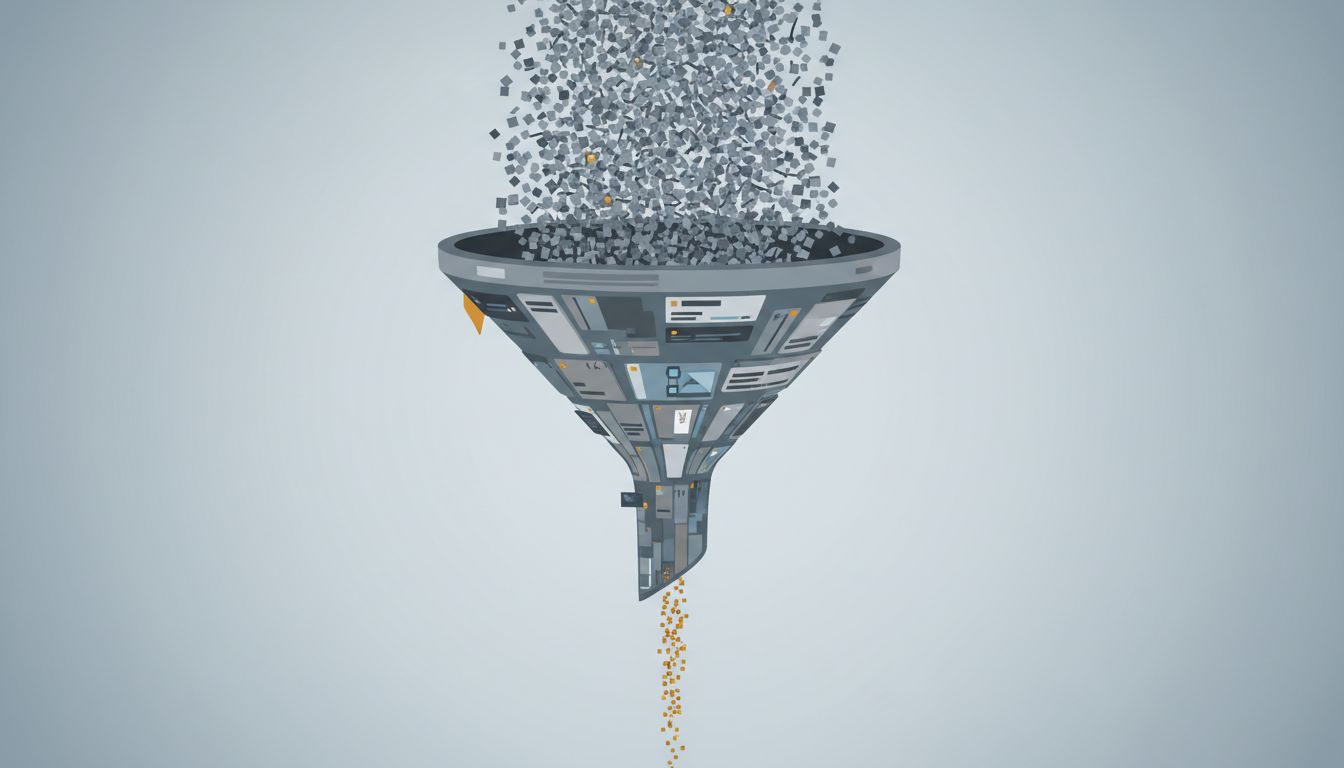 Illustration of a complex task funnel with many tasks entering but few completing