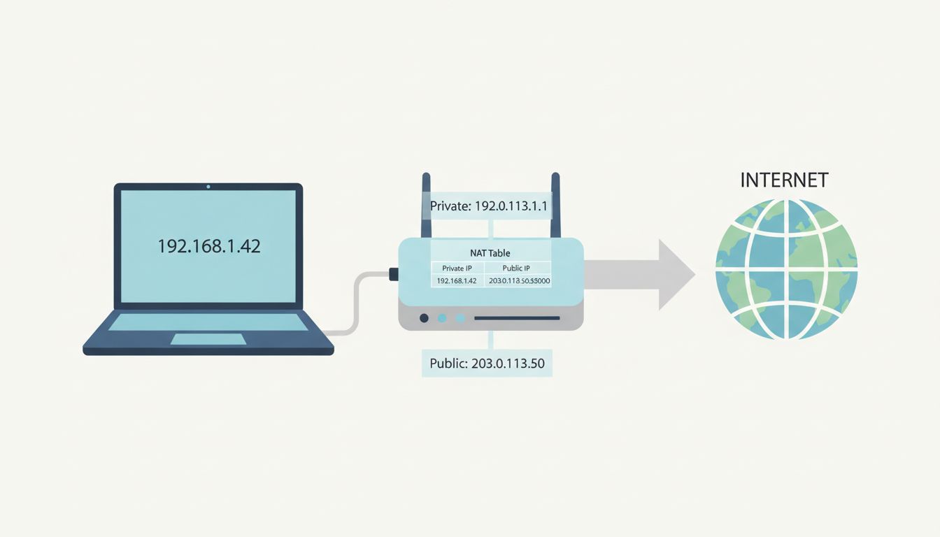 Diagram showing how NAT translates a private IP address to a public IP address at the router