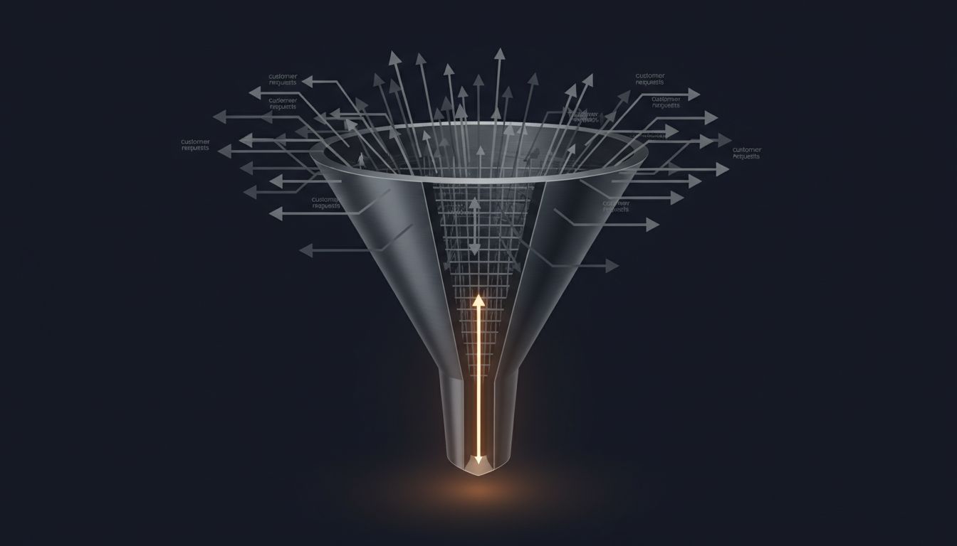 Illustration of a filter separating many customer requests from the few that pass through product strategy