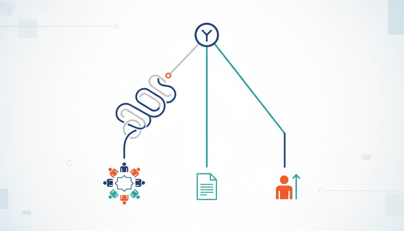 Diagram showing three routes from a decision point: a meeting, a written document, or an individual decision