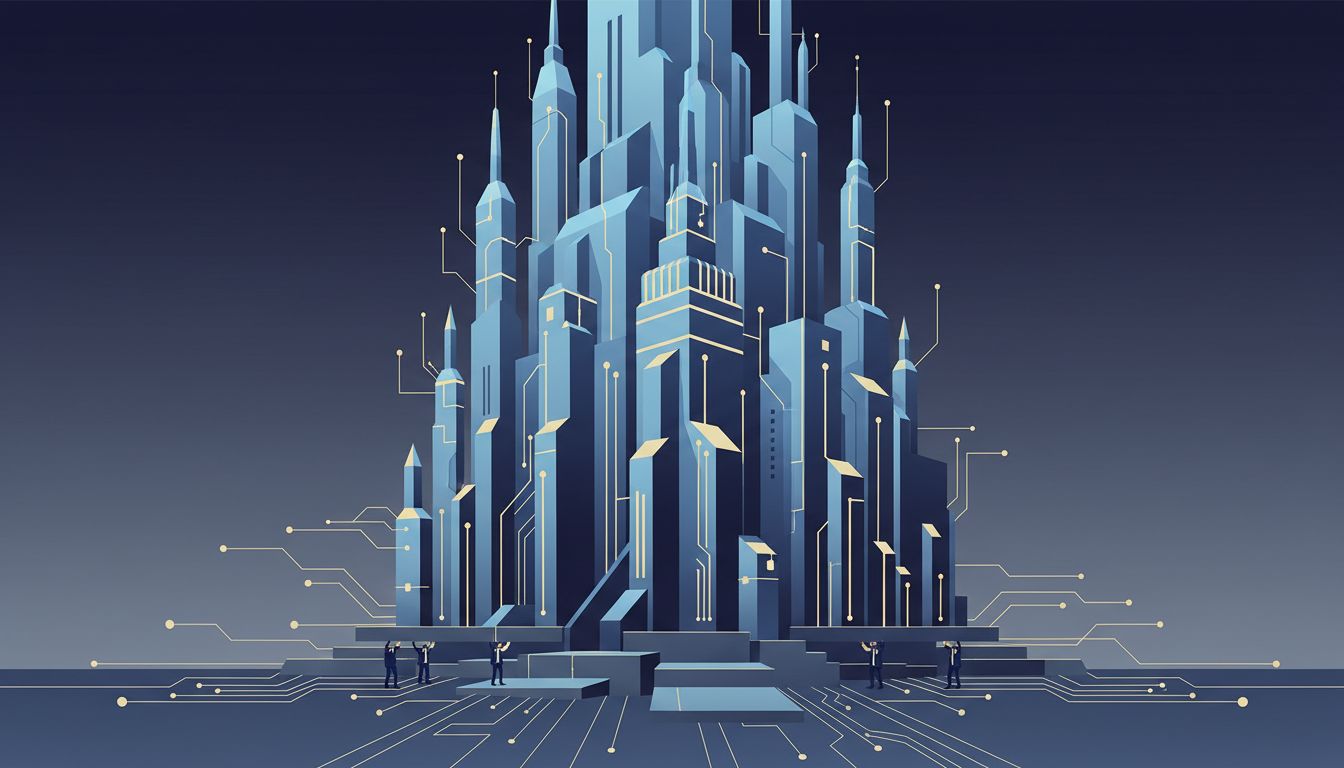 A vast digital structure supported by a few small figures, representing critical software infrastructure maintained by a handful of contributors