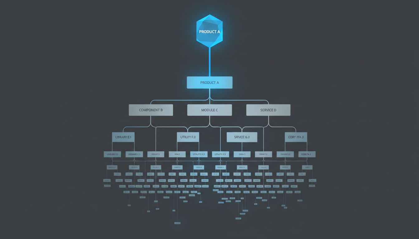 A branching dependency tree showing how a single application relies on dozens of underlying open source packages