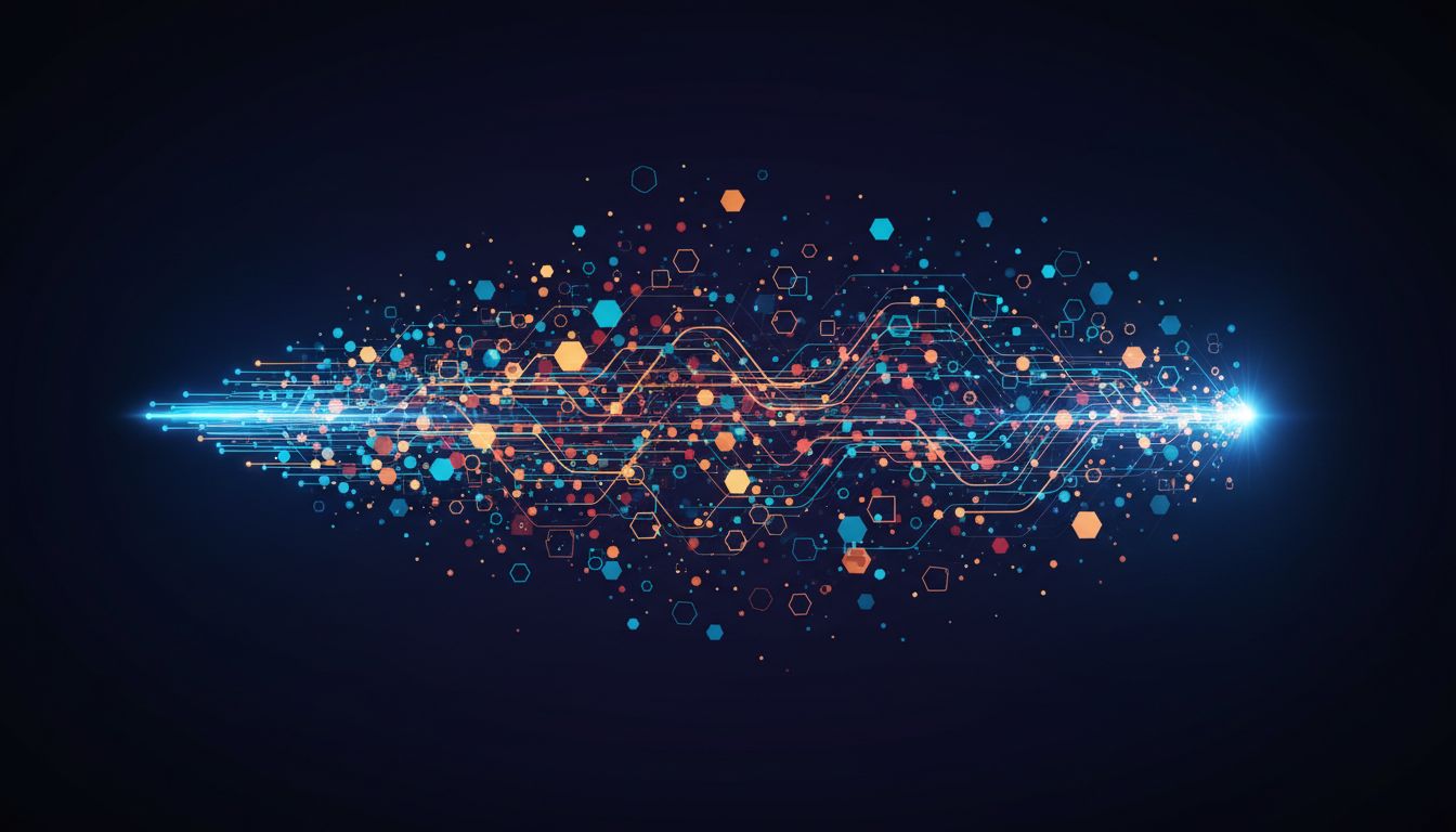 Abstract illustration of data packets scattering across a network and taking different routes to the same destination
