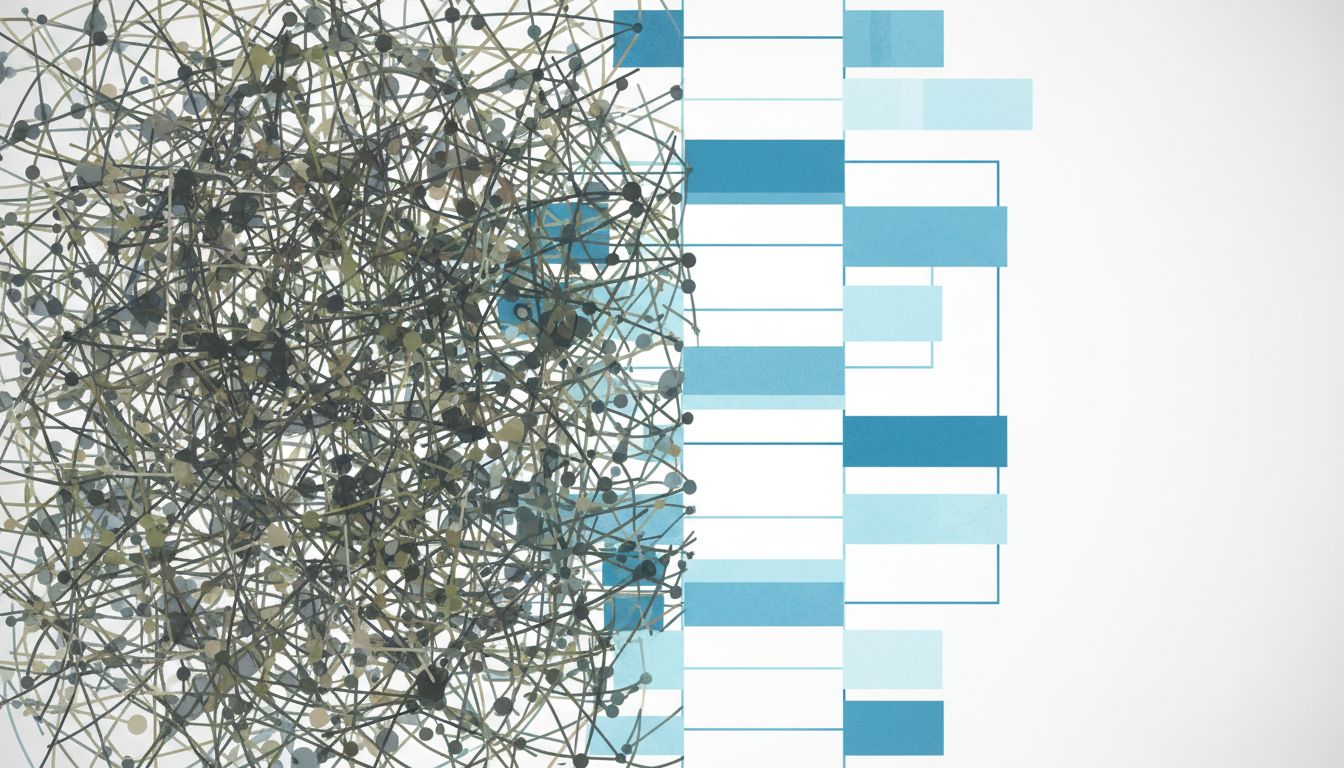 Abstract illustration contrasting tangled, unreadable code structure with clean, modular readable code