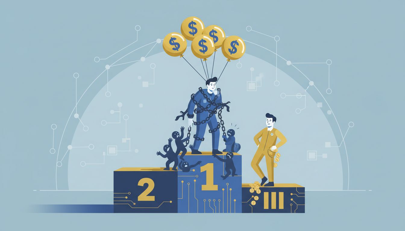 Illustration showing first-place winner burdened with costs while second-place competitor profits quietly