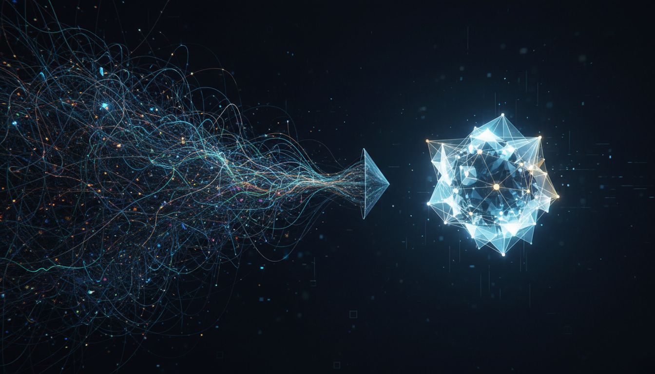 Abstract illustration of a large neural network being compressed into a smaller, more luminous structure