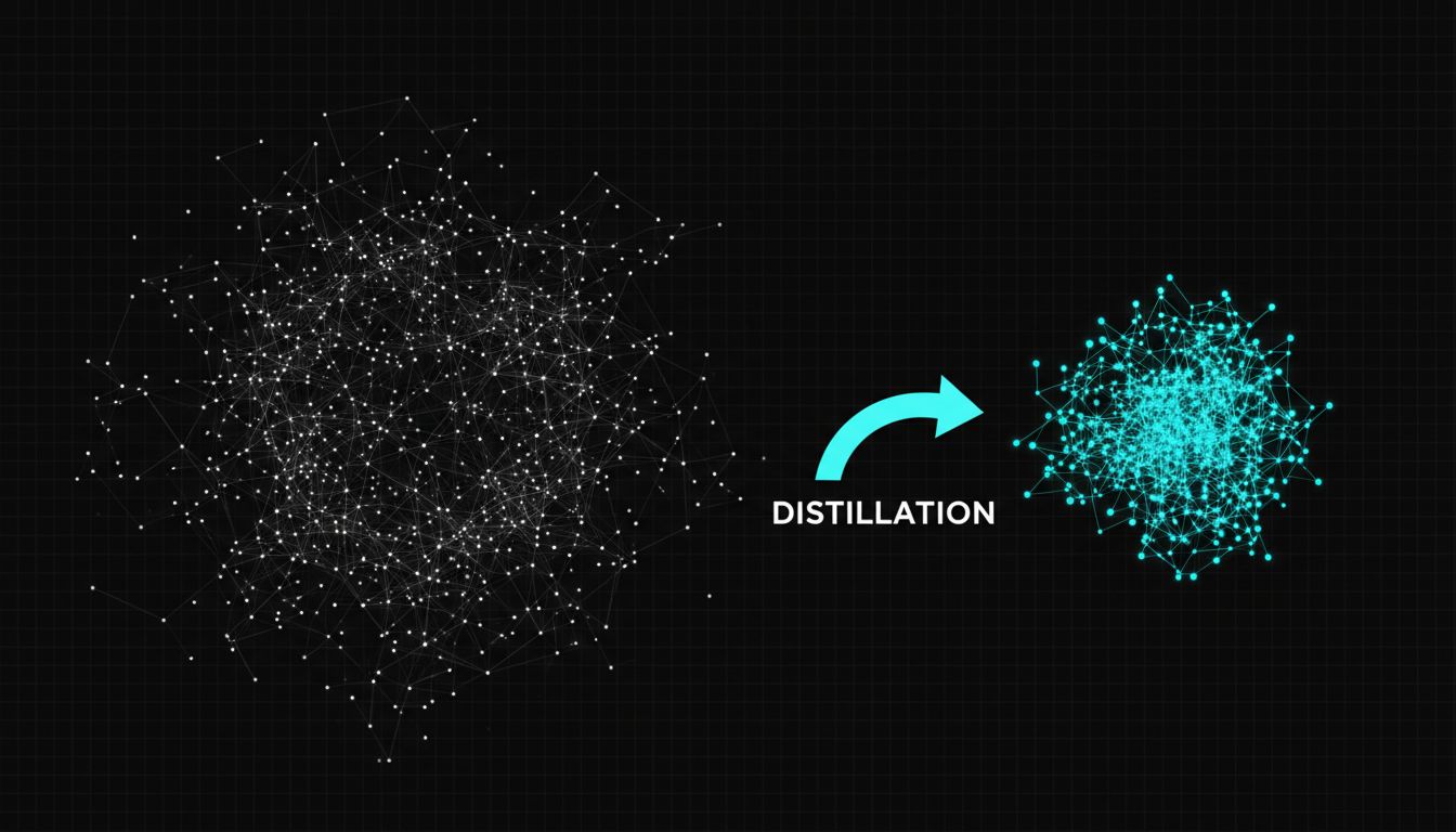 Diagram comparing a large sparse neural network with a smaller, more densely connected and efficient one