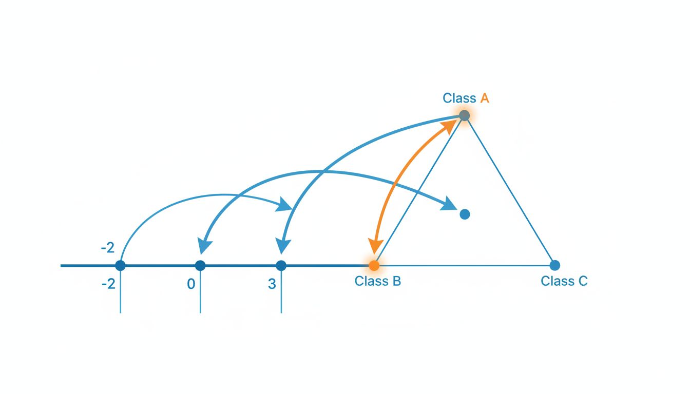 Diagram showing how softmax maps logit vectors to a probability simplex, concentrating mass toward the highest scoring class