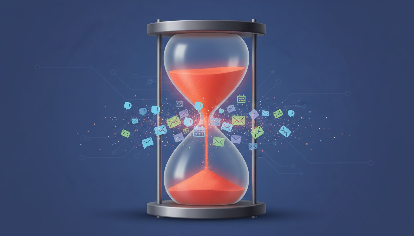 An hourglass with peak cognitive hours being scattered by notifications before they can be used productively
