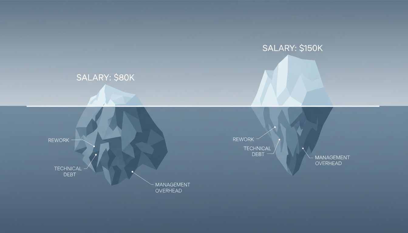 Two icebergs comparing visible salary costs to hidden engineering costs beneath the surface