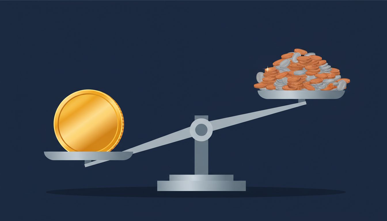 Balance scale showing one large coin outweighing a pile of many smaller coins