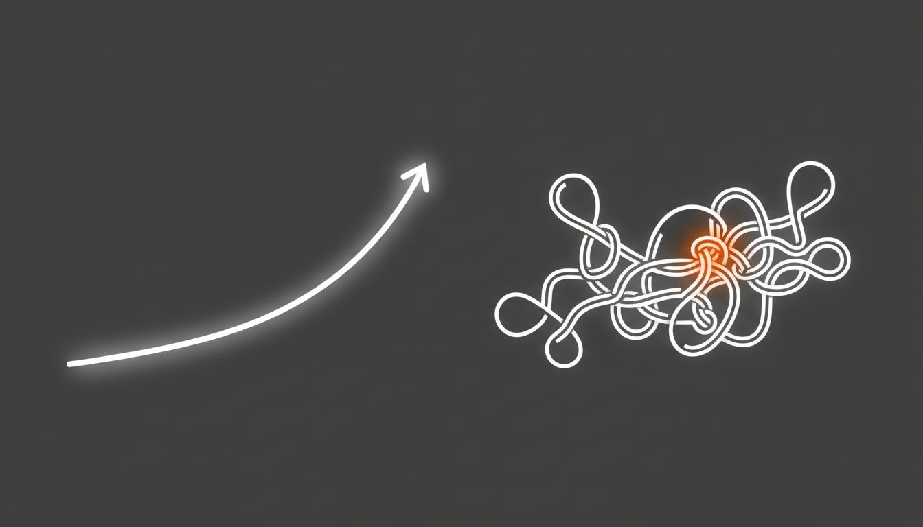 Two engineering team trajectories: one clean upward line versus four tangled lines with less overall progress