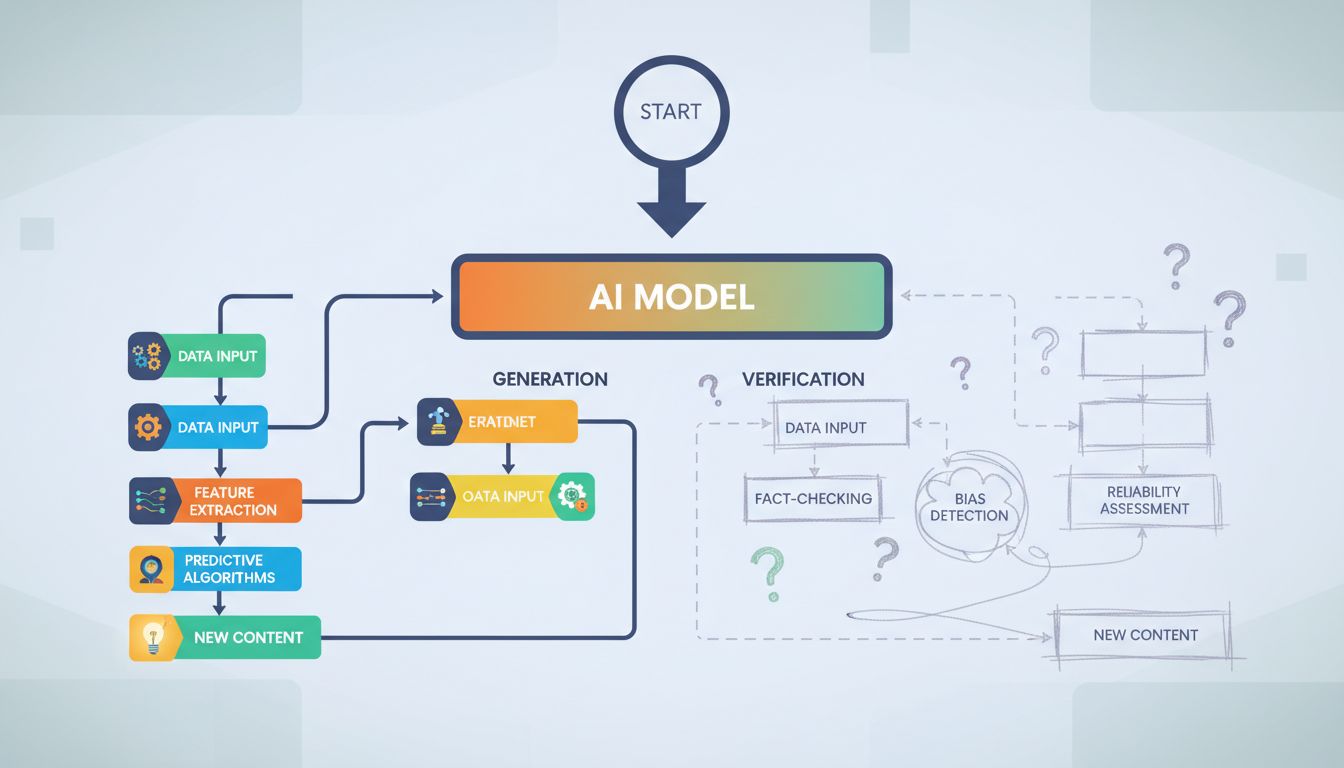Illustration showing code generation as a complete path and code verification as an incomplete, uncertain one