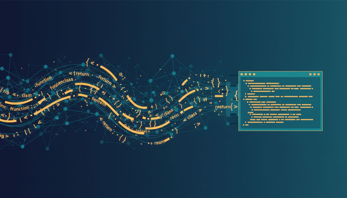 Abstract illustration of tokens flowing through a neural network to produce code, with no execution environment present