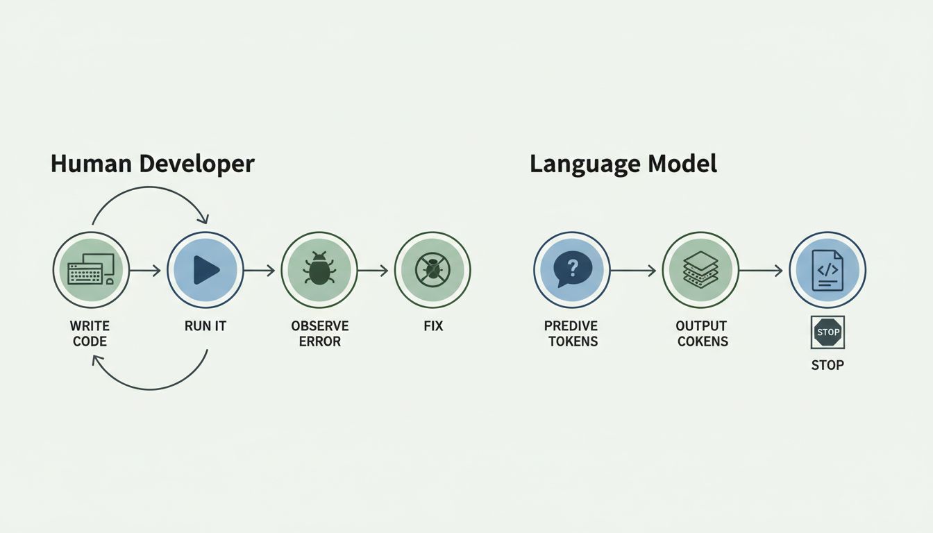 Diagram comparing the feedback loop of a human developer running code versus a language model that produces output with no execution step