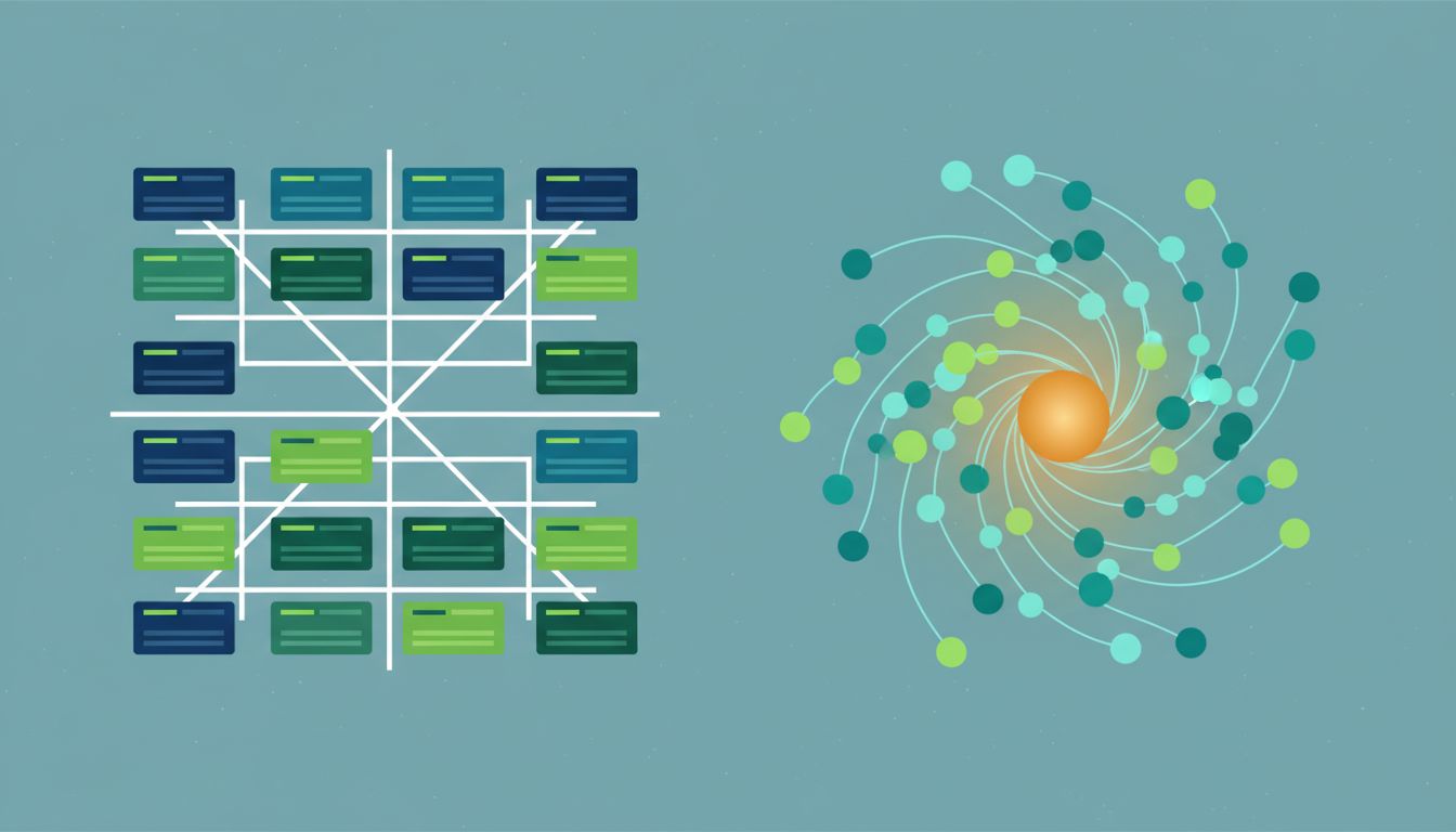 Abstract diagram contrasting rigid agenda structure with emergent open conversation network