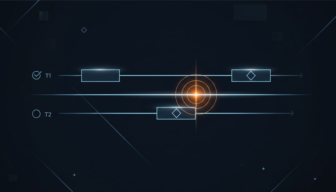 Timeline diagram showing how a TOCTOU race condition occurs when a thread is context-switched between check and claim operations
