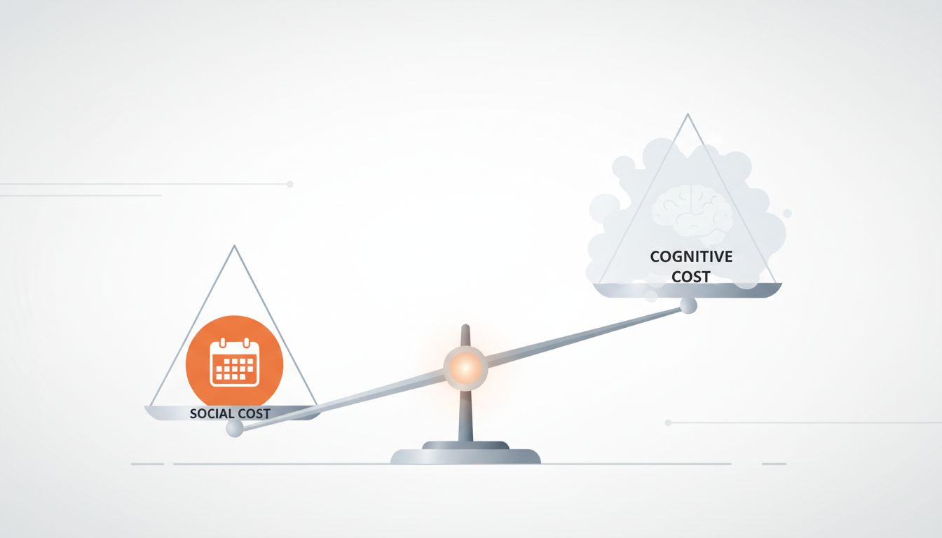 Asymmetric scales showing the visible cost of canceling a meeting versus the invisible cognitive cost of attending it