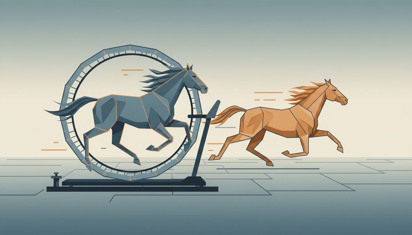 Abstract illustration of two racing horses where the leader is constrained to a treadmill while the trailing horse runs freely