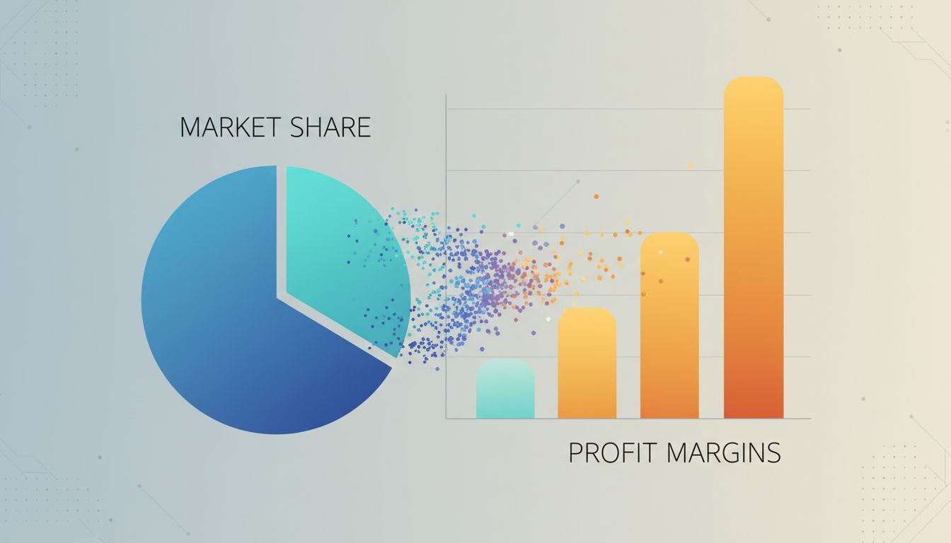 Diagram showing a market share pie chart transforming into a profit margin bar chart where rankings are reversed