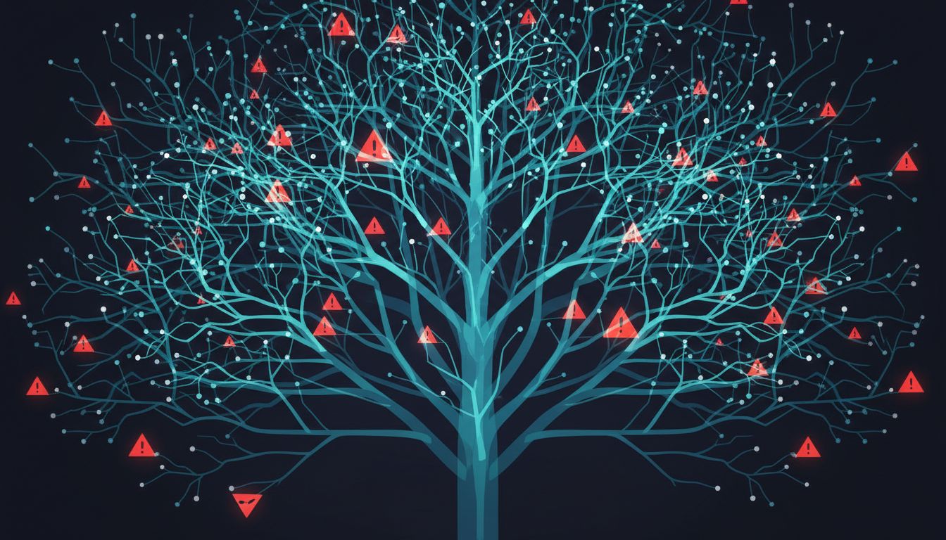 Abstract illustration of a compiler's execution path tree, branching exhaustively with warning markers at problematic states