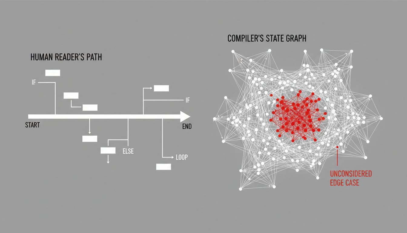 Diagram contrasting a human programmer's simplified mental model of code execution with a compiler's exhaustive state graph, highlighting an unconsidered edge case