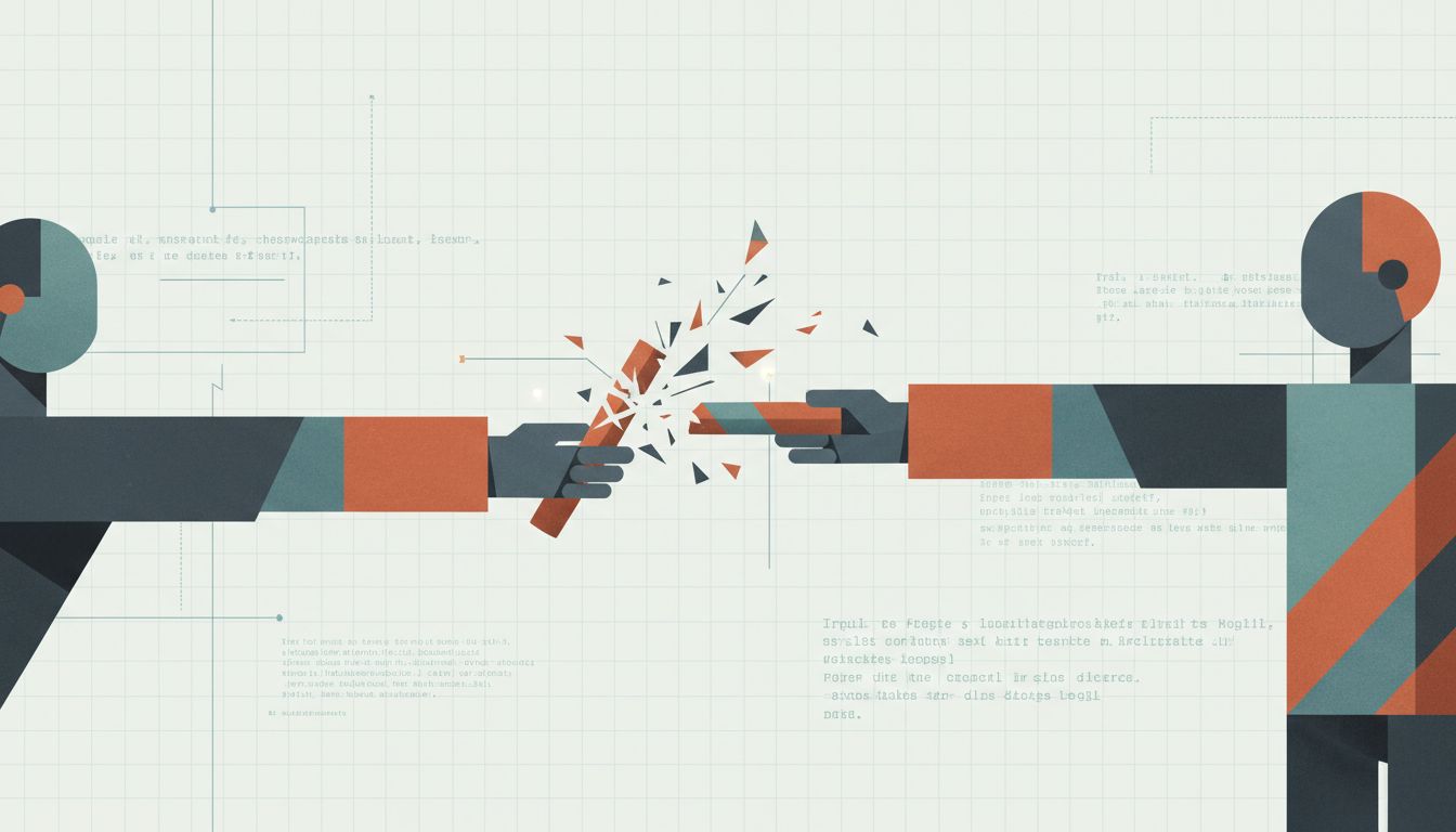 Abstract diagram of a fractured handoff representing knowledge loss between contractors and full-time engineers