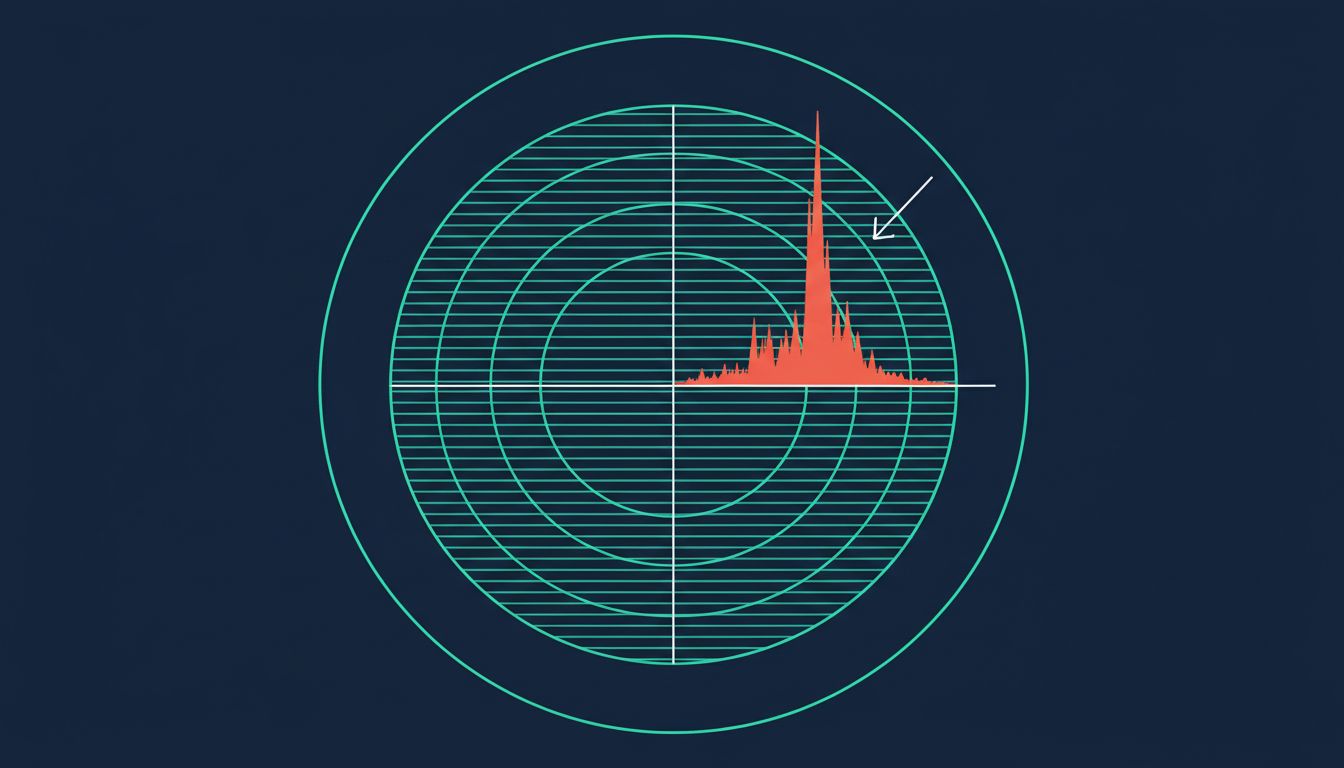 A radar display where one anomalous signal stands out from flat baseline readings