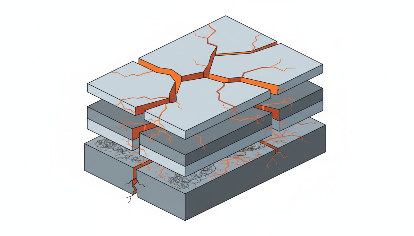 Diagram of compounding technical debt spreading upward through system layers like cracks in a foundation