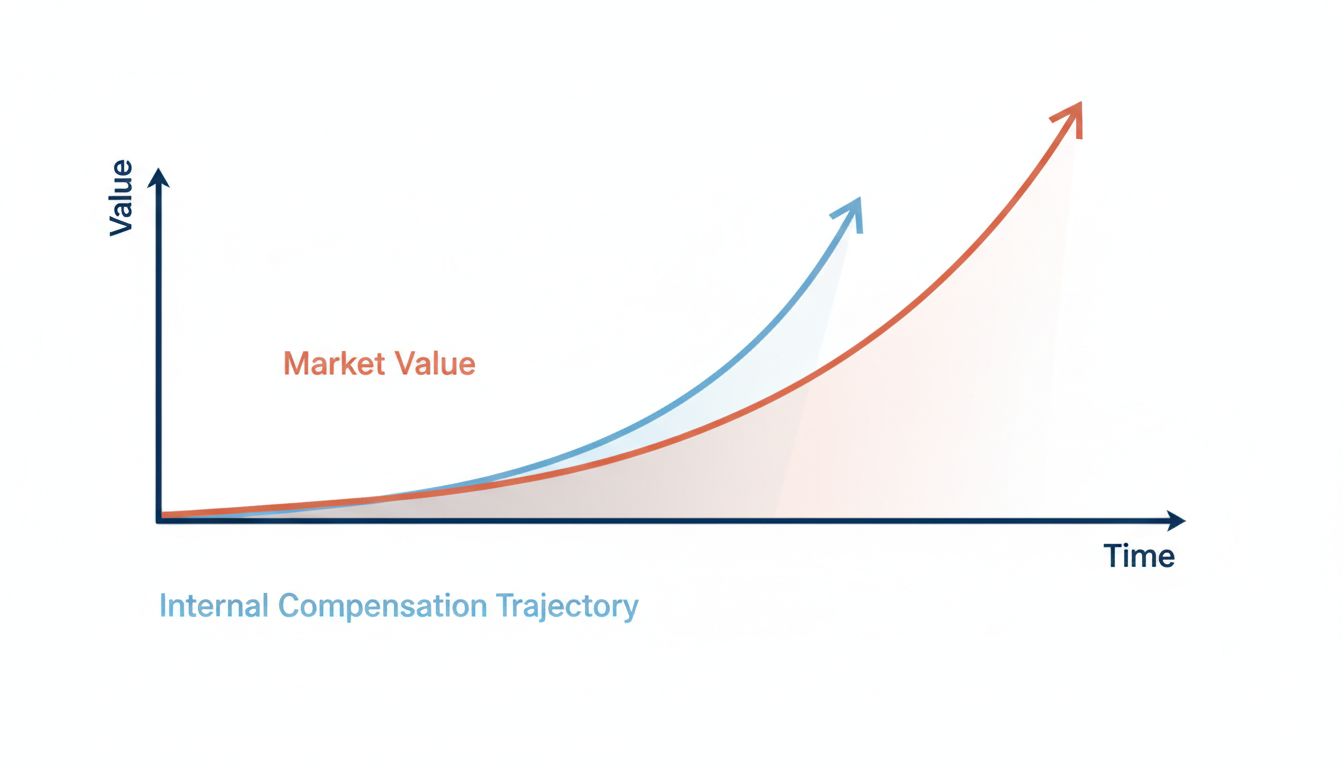 Two diverging curves showing internal pay trajectory versus market value over time