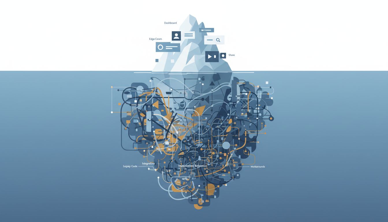 Iceberg illustration showing visible software features above water and massive hidden complexity below