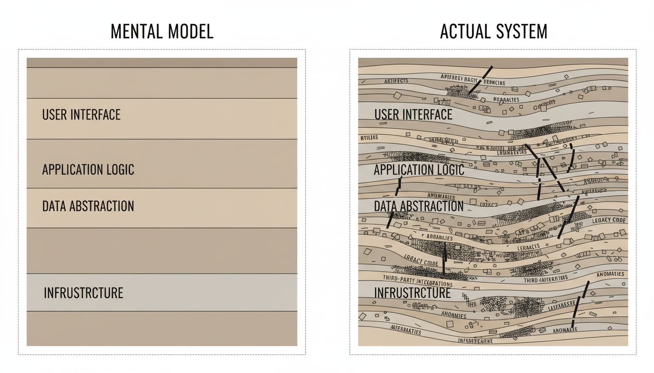 Two diagrams comparing a developer's mental model of a codebase to its actual structure, showing the gap between perception and reality