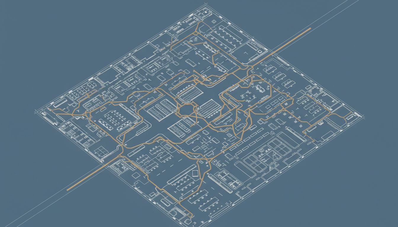 Architectural blueprint overlaid with unexpected worn paths, showing the gap between plan and reality