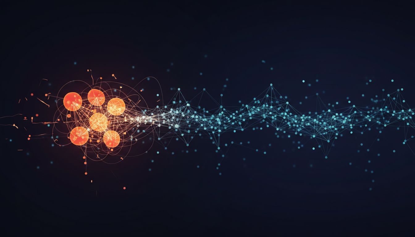 Network diagram showing how a small dense cluster of early connections seeds a much larger network