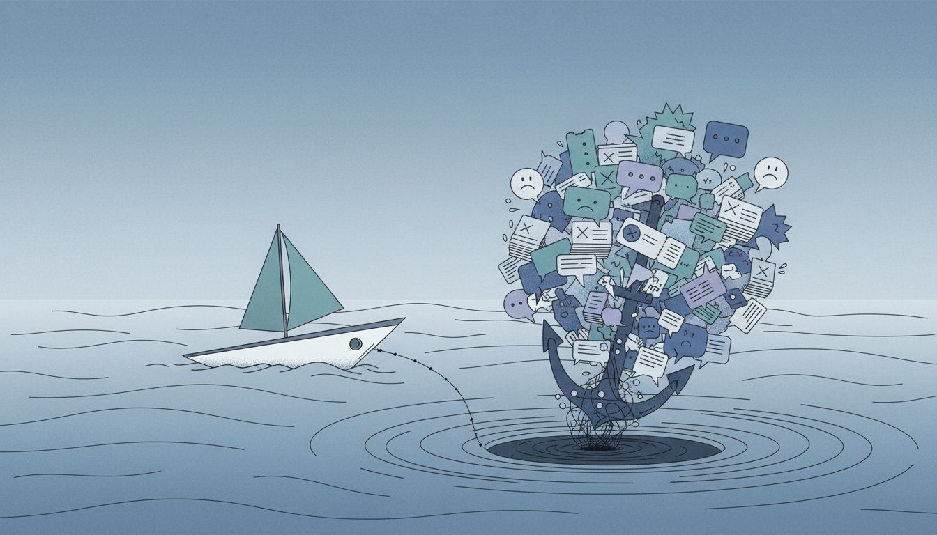An anchor made of complaint tickets pulling down a small boat, representing how high-maintenance customers drag on a startup