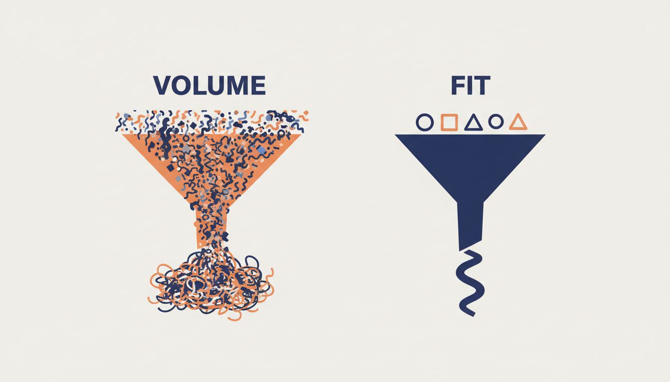 Two funnels comparing feedback volume versus feedback quality, showing that fewer well-fit customers produce clearer product signal