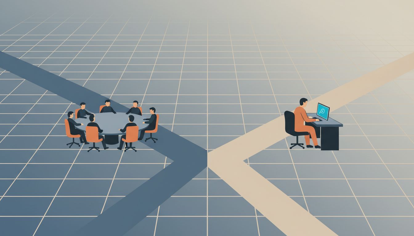 Two diverging paths, one leading to a meeting table, the other to a focused workspace