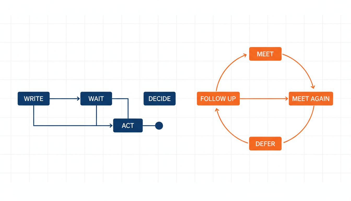 Flow diagram comparing async decision-making (linear, resolves cleanly) versus sync meeting loops (circular, repeating)