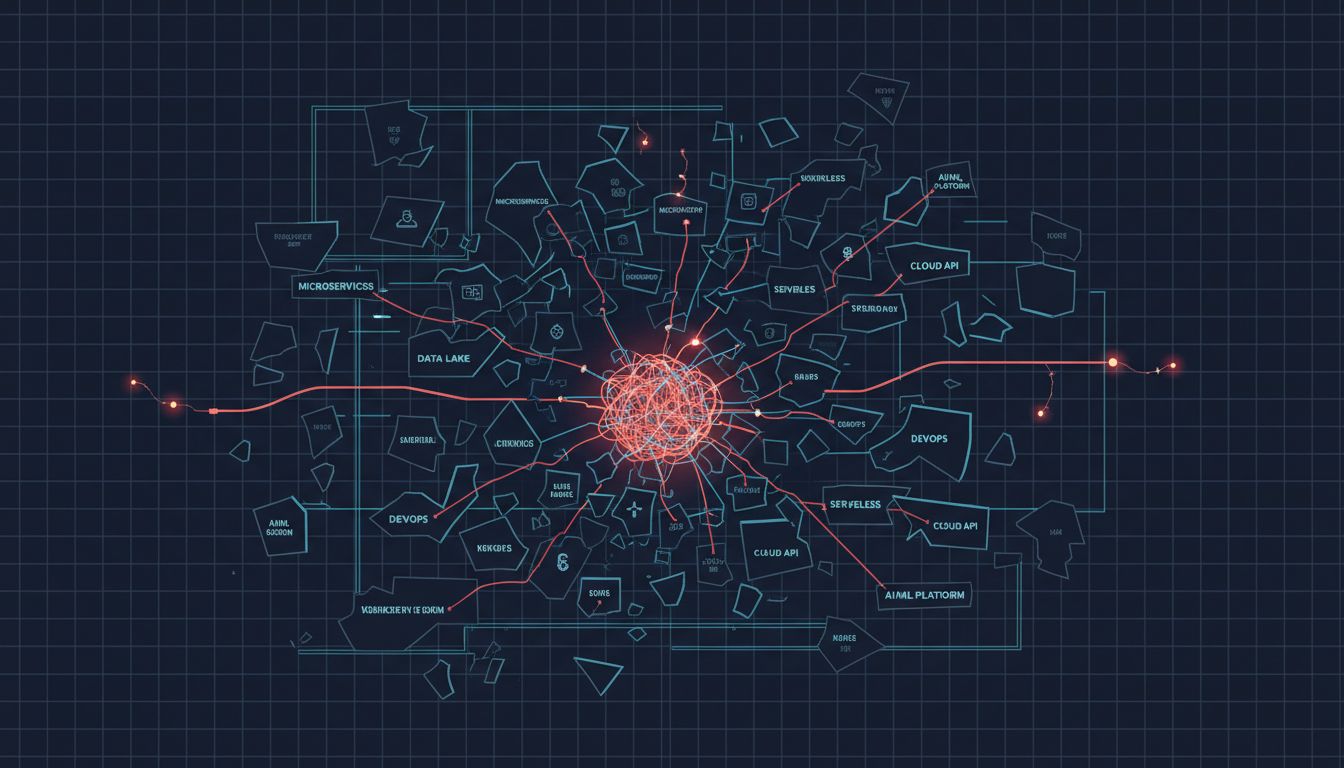 Blueprint of a software architecture decomposing into tangled, fragile microservice connections