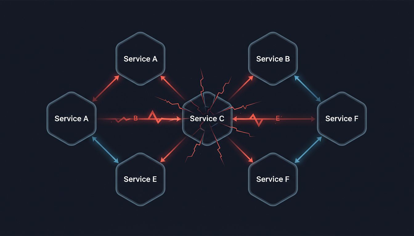 Abstract service dependency map showing cascading failure propagation across microservices