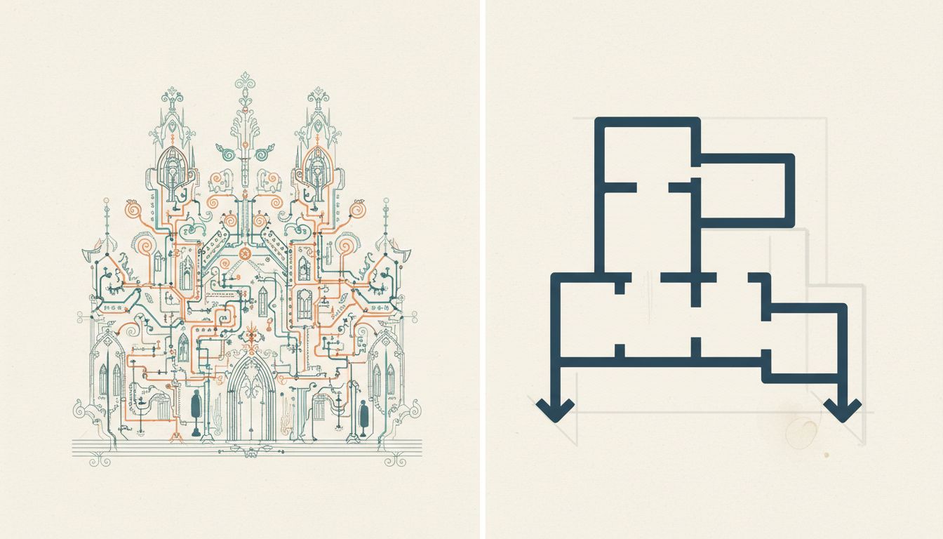 Two system diagrams side by side: an elaborate unused one and a simple well-worn one