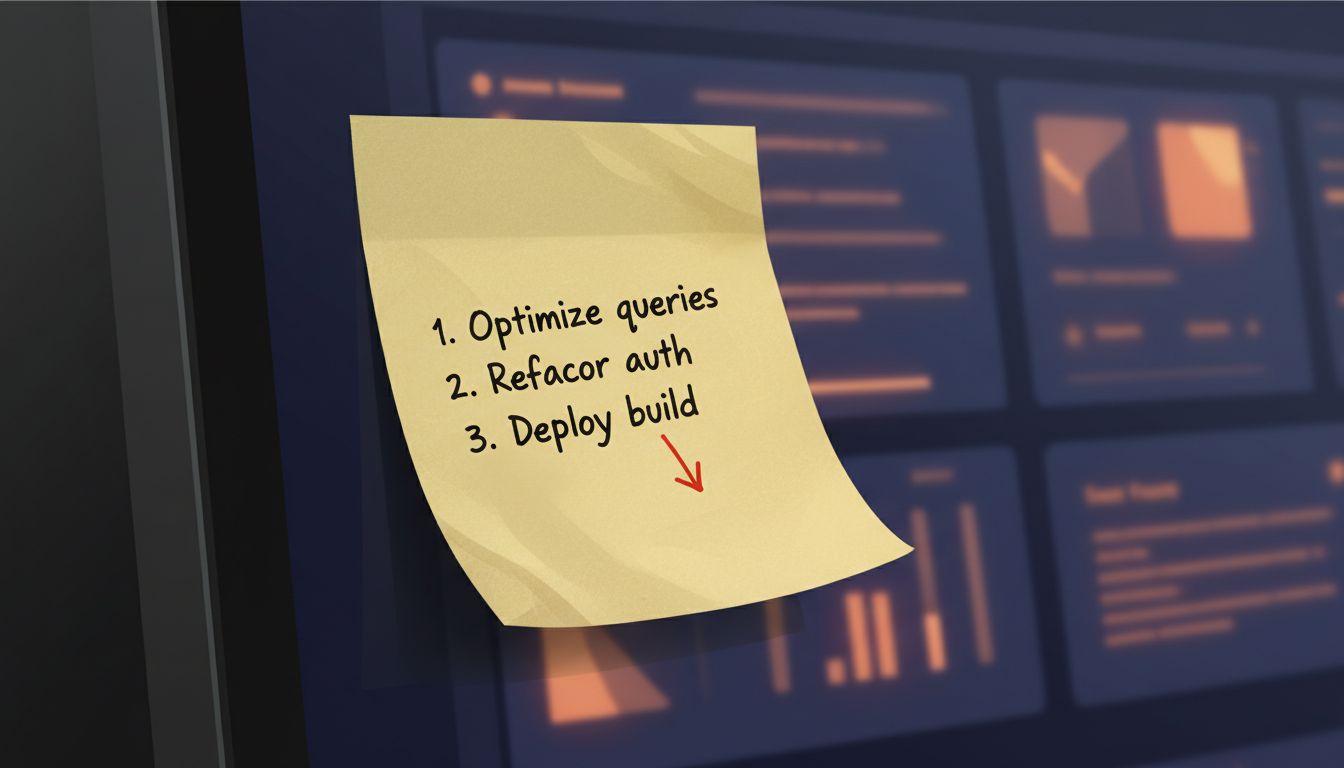 A worn sticky note in active use in front of an elaborate unused digital interface
