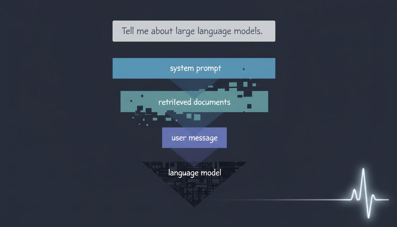 Diagram showing how a user prompt gets wrapped in system instructions and retrieved documents before reaching an AI model
