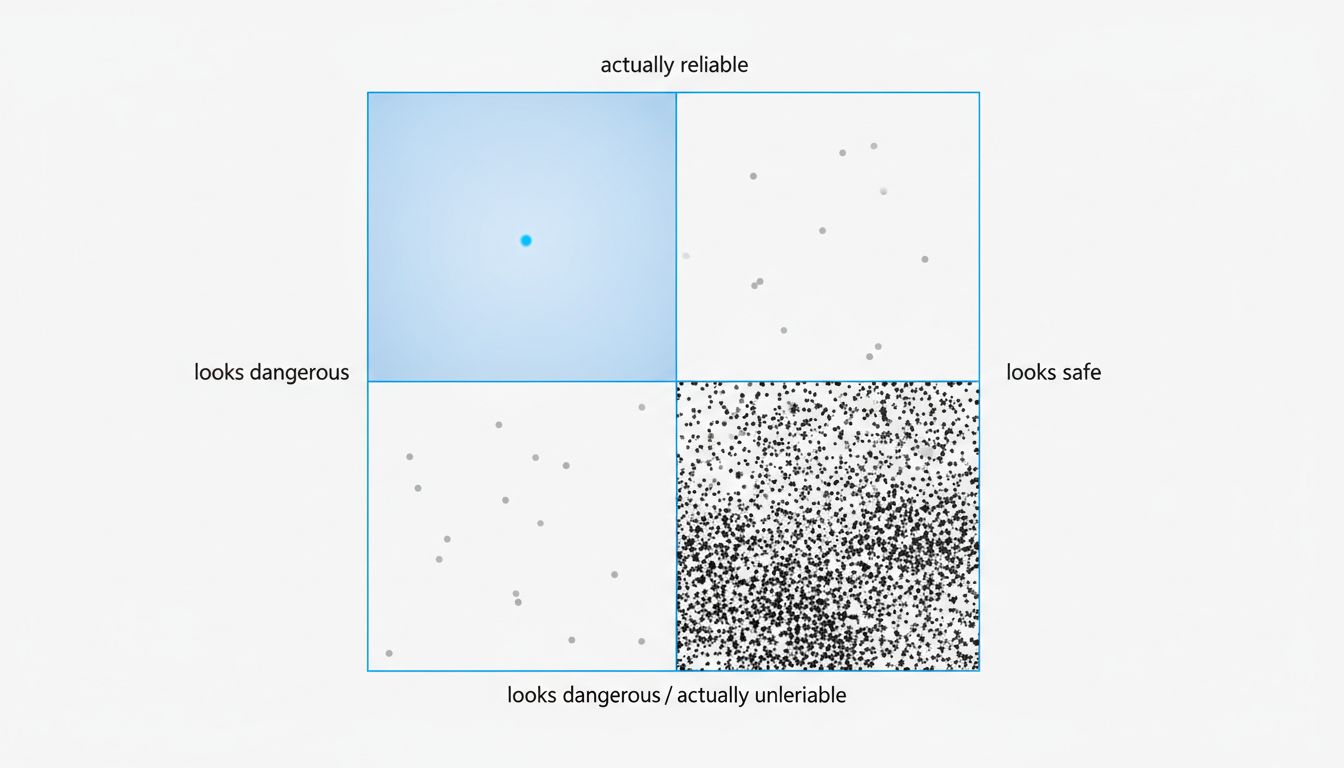 A quadrant diagram showing that most real LLM failures cluster in the safe-looking but unreliable zone, not the obviously dangerous zone