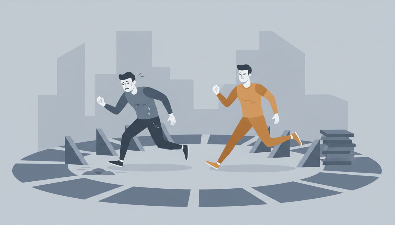 Illustration of two runners where the leader is stumbling over obstacles while the second runner follows a cleared path