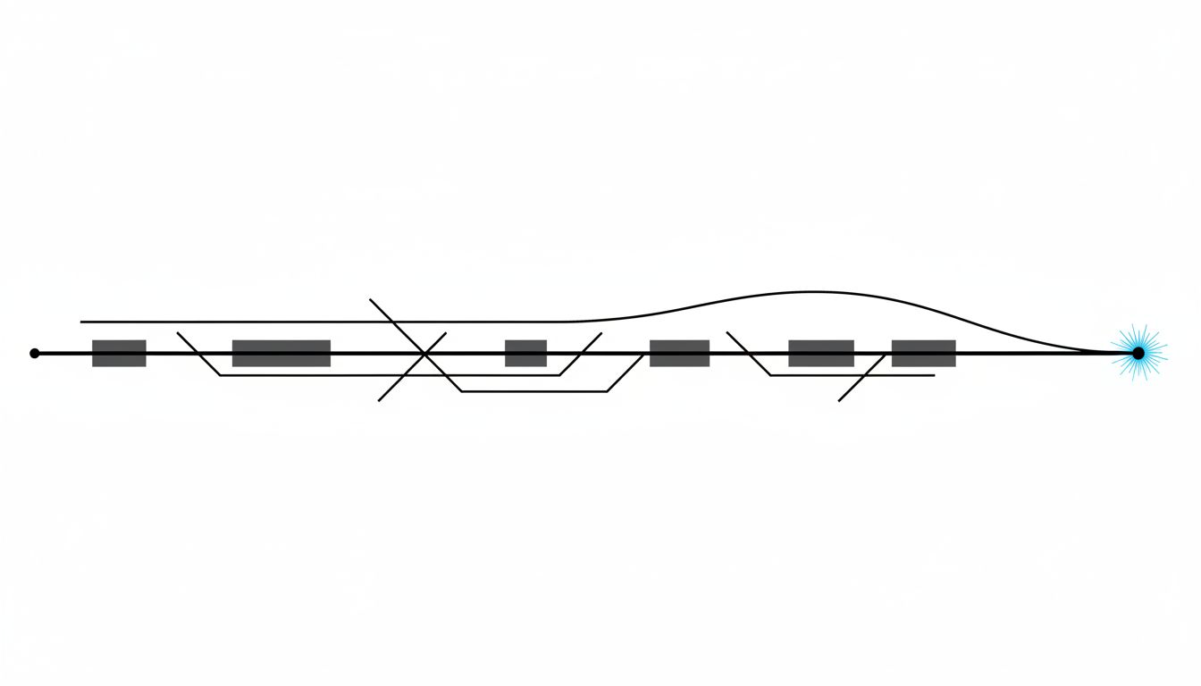 Diagram showing how a longer first-mover timeline full of detours and a shorter second-mover timeline converge at the same destination