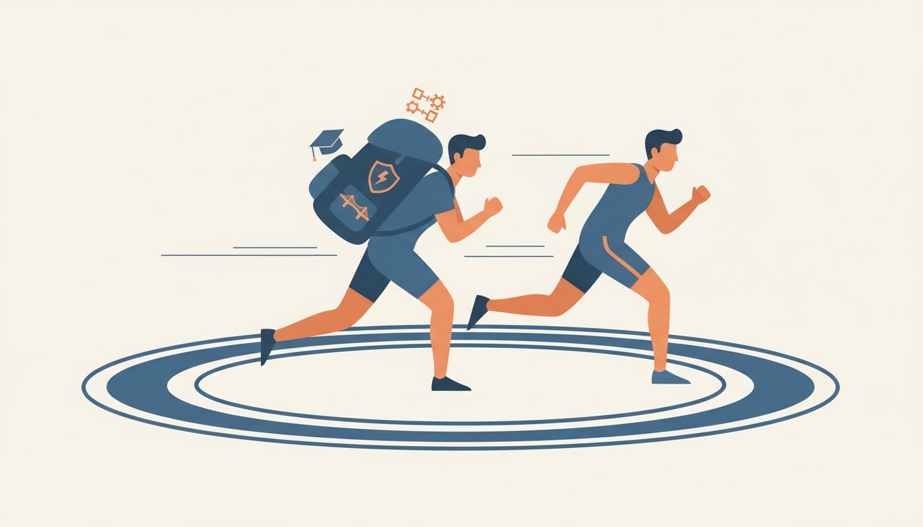 Illustration of two runners where the first carries a heavy pack and the second runs unburdened
