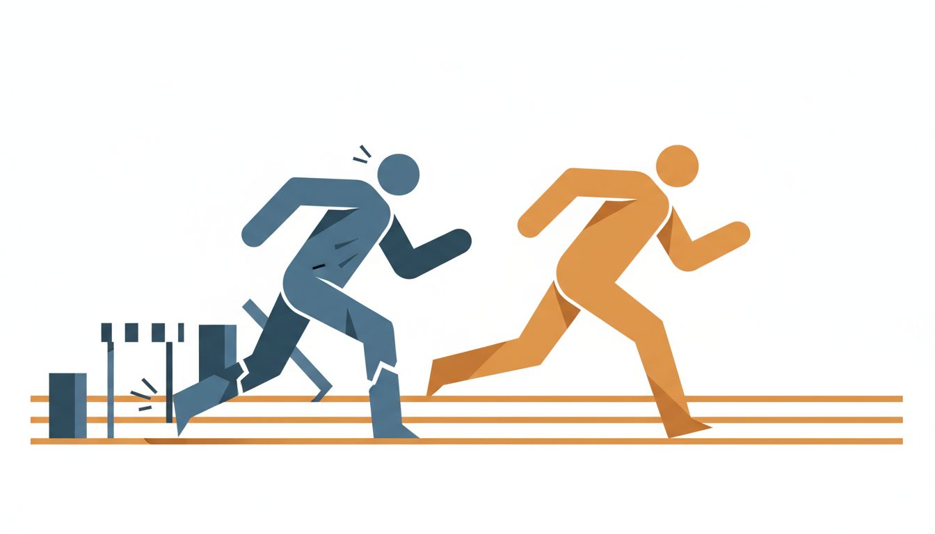 Illustration of a tired first runner who cleared obstacles while a fresh second runner strides smoothly behind them