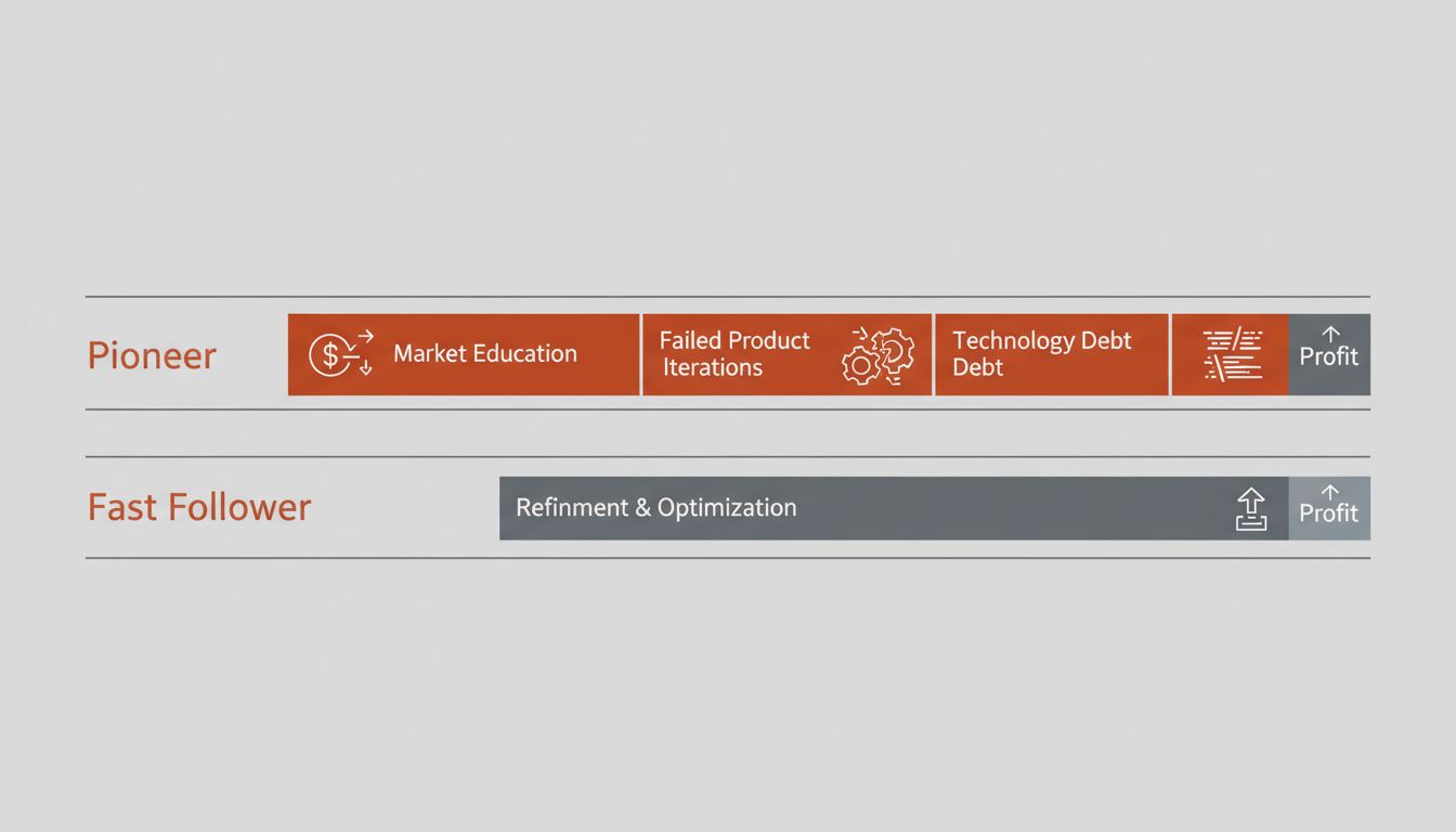 Diagram comparing pioneer cost structure versus fast-follower cost structure over time